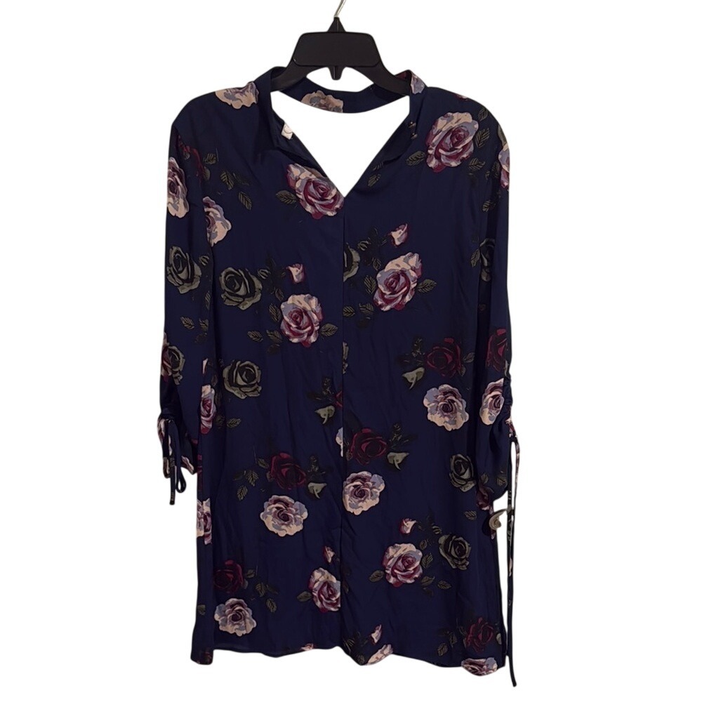 Speechless Navy Blue Floral Choker V-Neck Shift Dress with Tie Sleeves Large - Picture 3 of 3